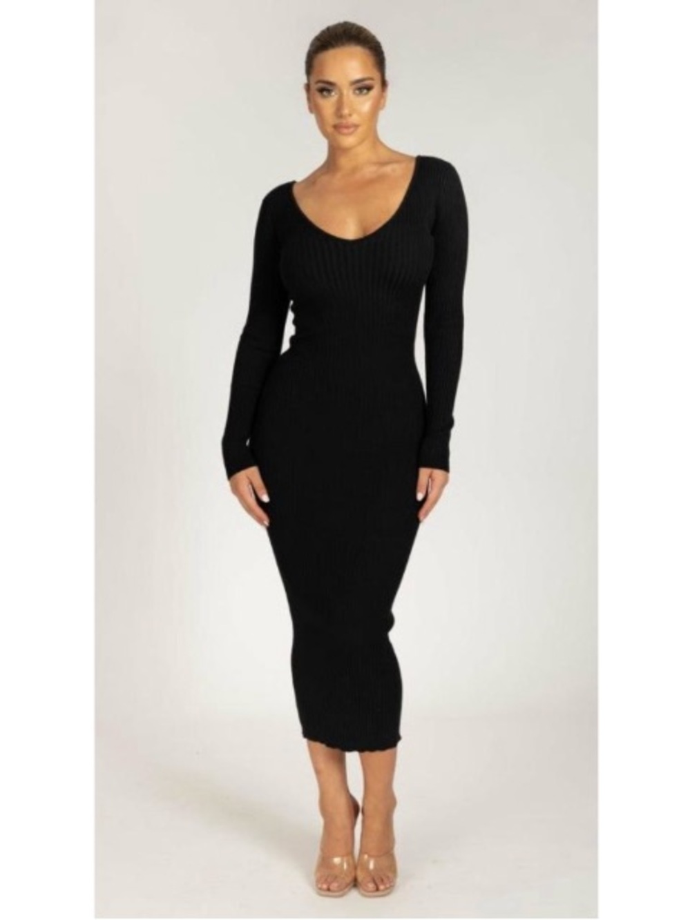 Meshki Stretchy Ribbed Knit V-Neck Bodycon Midi Dress Minimalist Black Medium